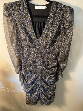 Astr Black Floral Ruched V-Neck Mini Dress with Yellow & White Blossoms